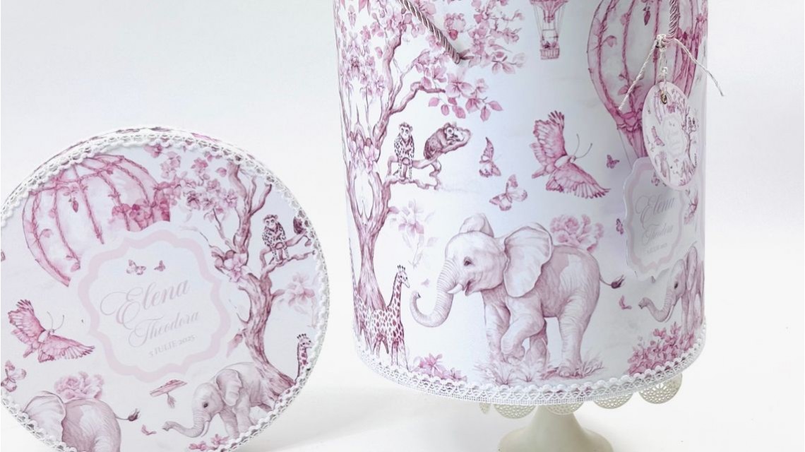 Trusou botez cu animale din jungla si flori exotice roz Toile de Jouy 24